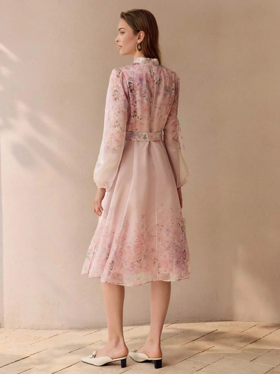 PREMIUM ORGANZA FLORAL PRINT BELTED DRESS