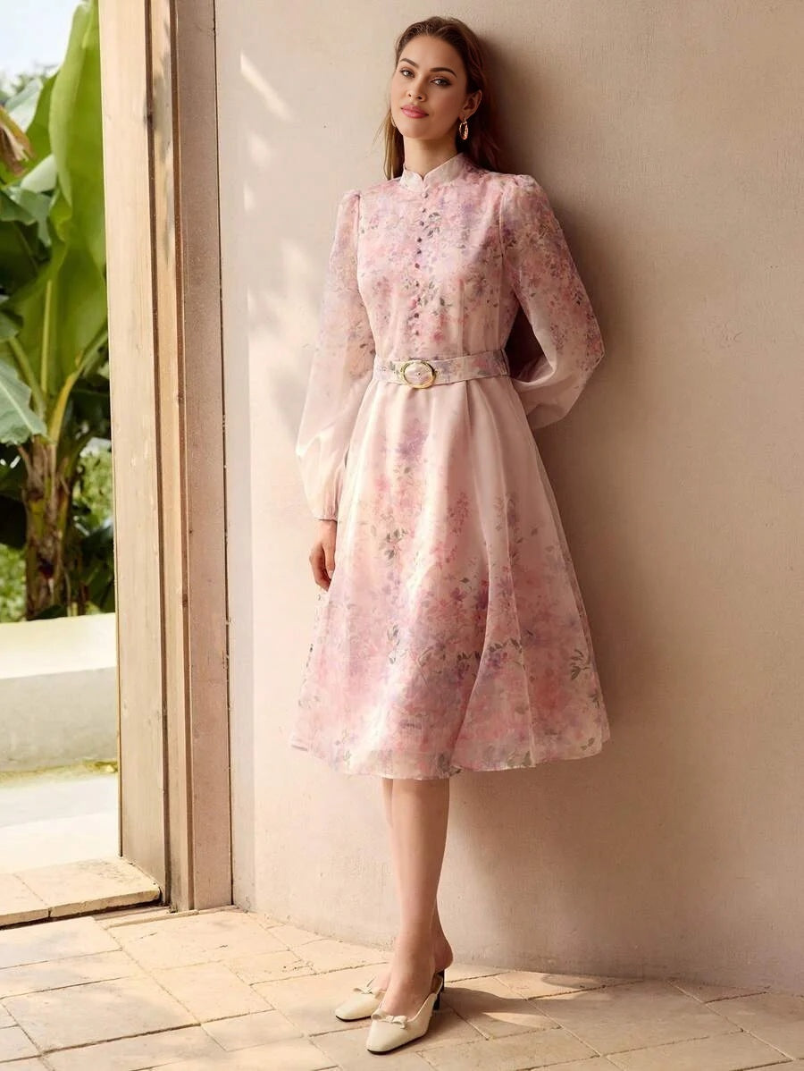 PREMIUM ORGANZA FLORAL PRINT BELTED DRESS