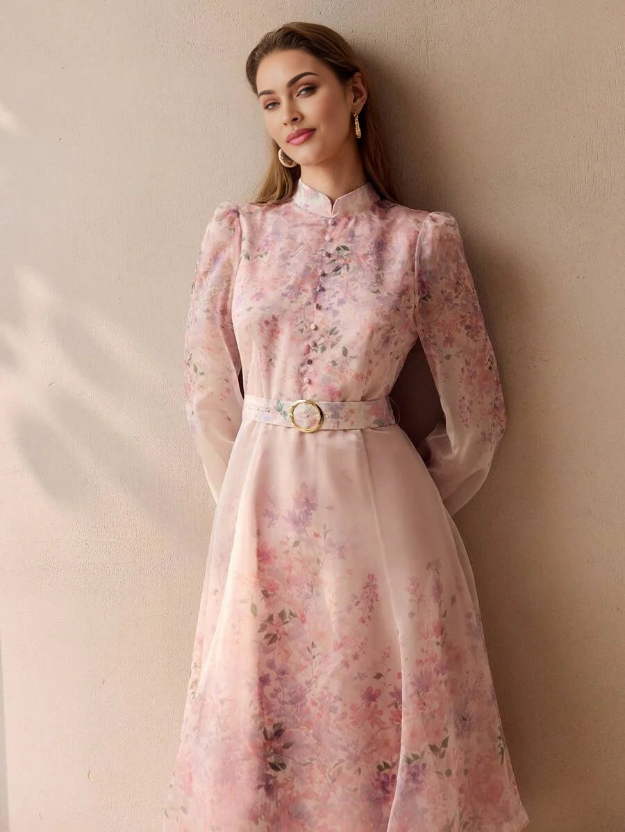 PREMIUM ORGANZA FLORAL PRINT BELTED DRESS