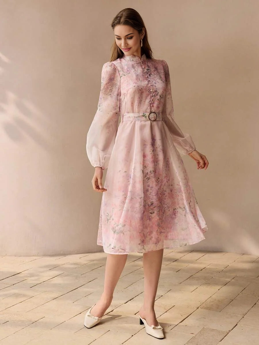 PREMIUM ORGANZA FLORAL PRINT BELTED DRESS