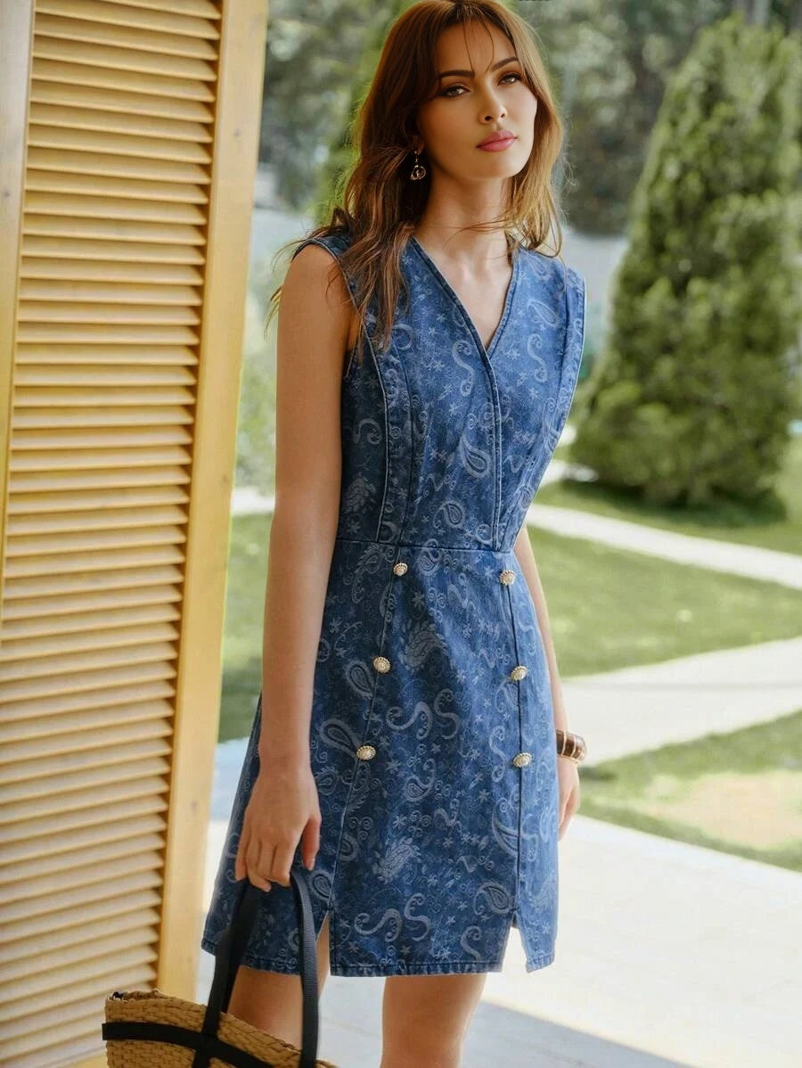 PREMIUM PAISLEY PRINT JACQUARD DENIM DRESS