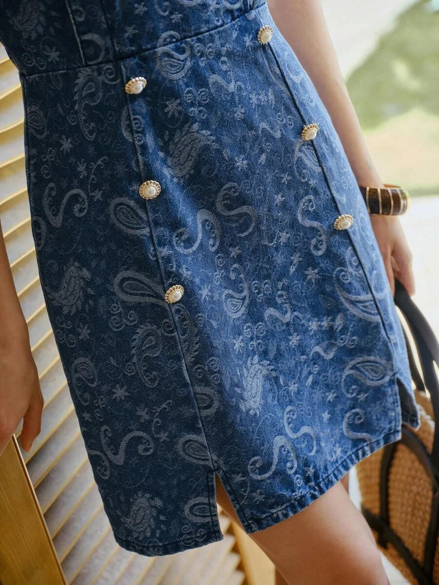 PREMIUM PAISLEY PRINT JACQUARD DENIM DRESS