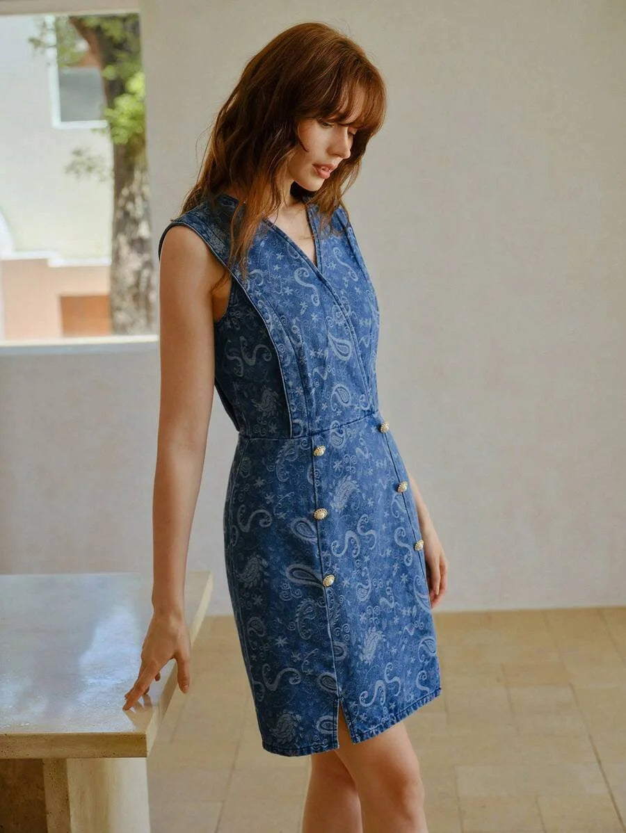 PREMIUM PAISLEY PRINT JACQUARD DENIM DRESS