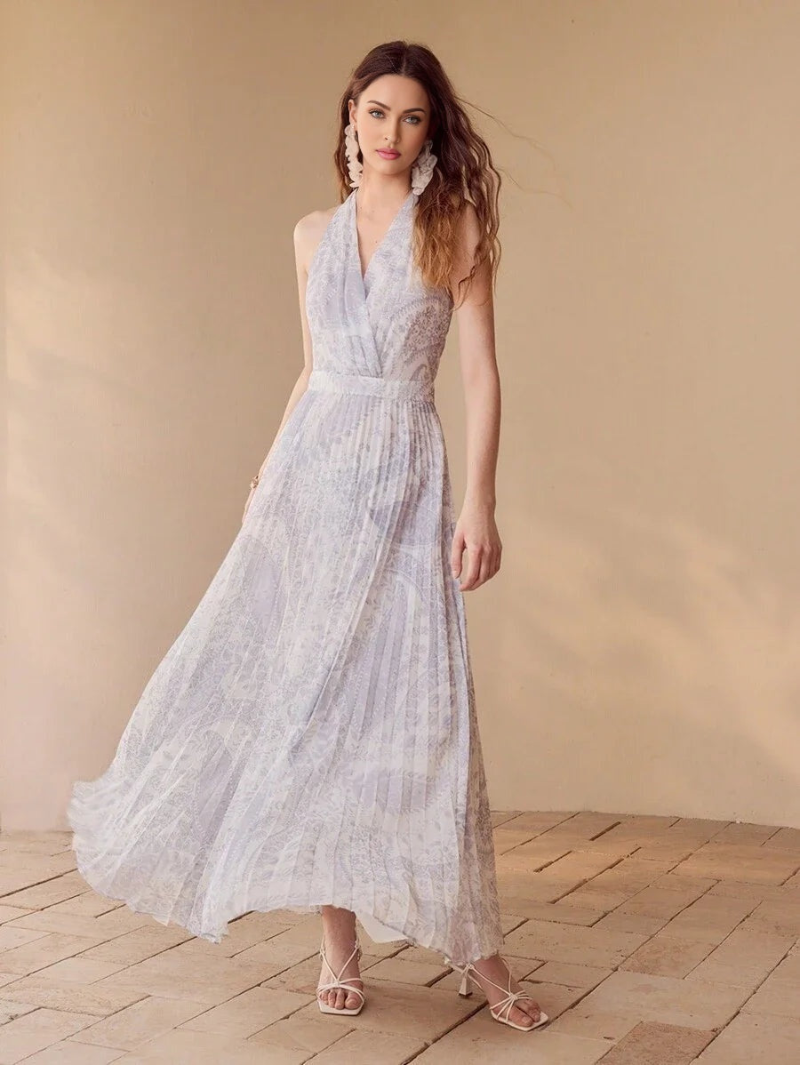 PREMIUM PAISLEY PRINT PLEATED HALTERNECK DRESSSPRINGSUMMER