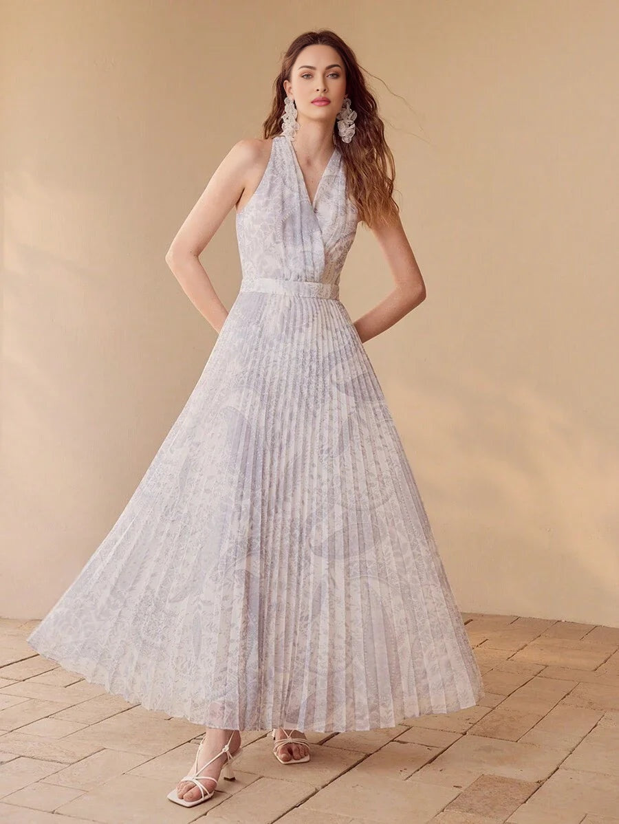 PREMIUM PAISLEY PRINT PLEATED HALTERNECK DRESSSPRINGSUMMER