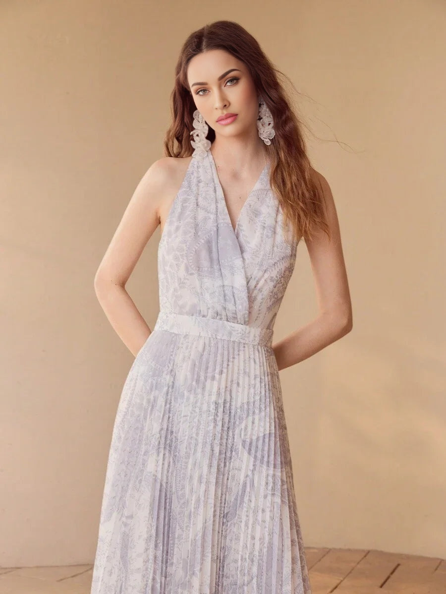 PREMIUM PAISLEY PRINT PLEATED HALTERNECK DRESSSPRINGSUMMER