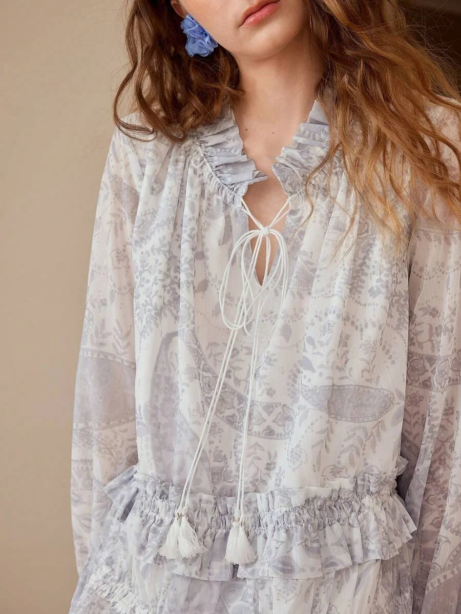 PREMIUM PAISLEY PRINT RUFFLE TRIM DRESS