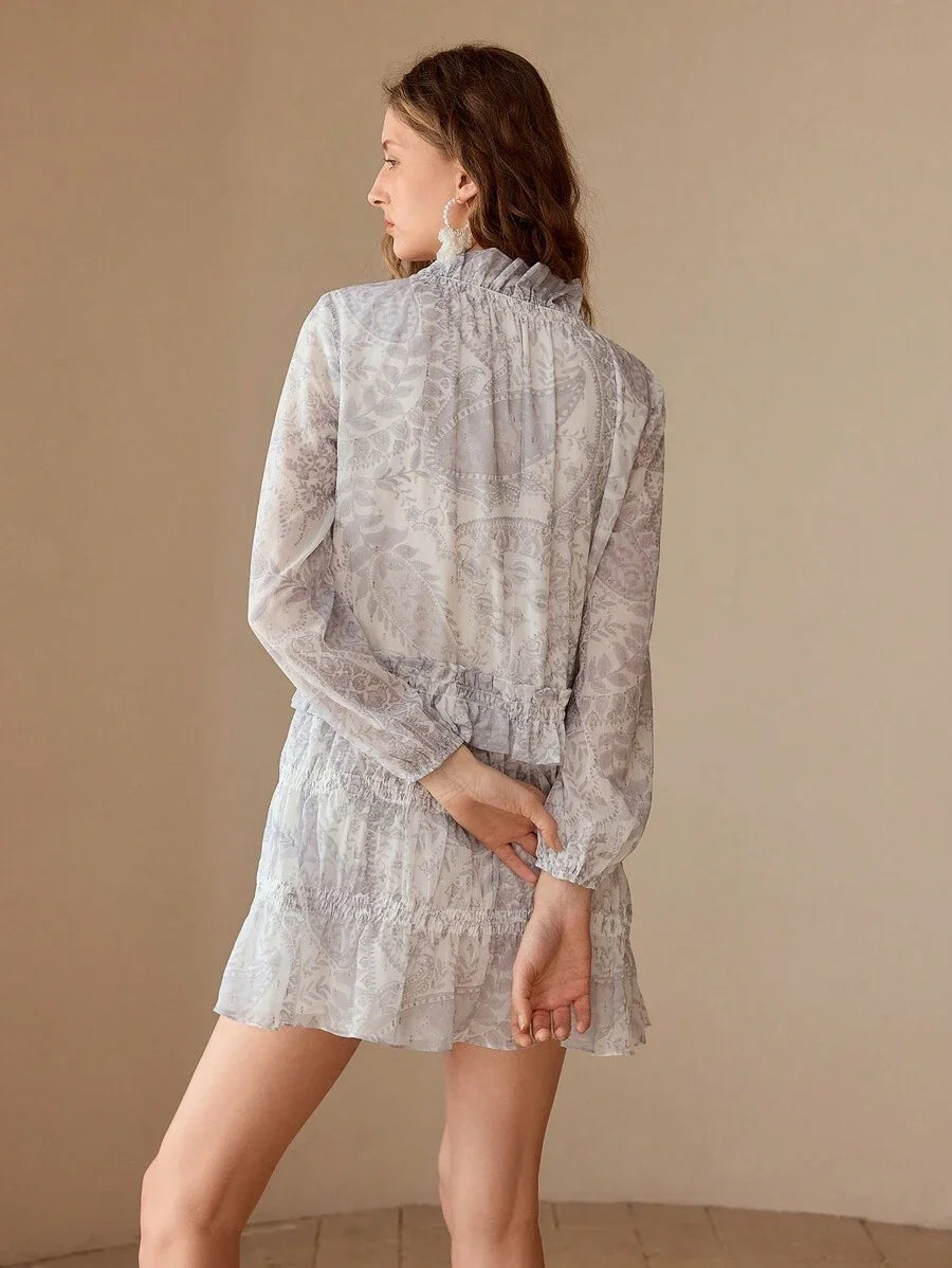 PREMIUM PAISLEY PRINT RUFFLE TRIM DRESS