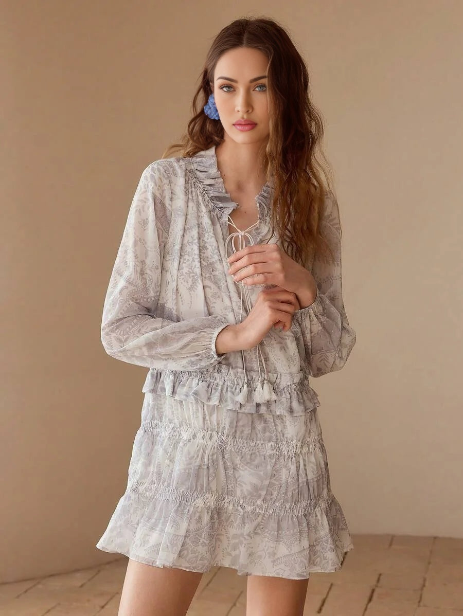 PREMIUM PAISLEY PRINT RUFFLE TRIM DRESS