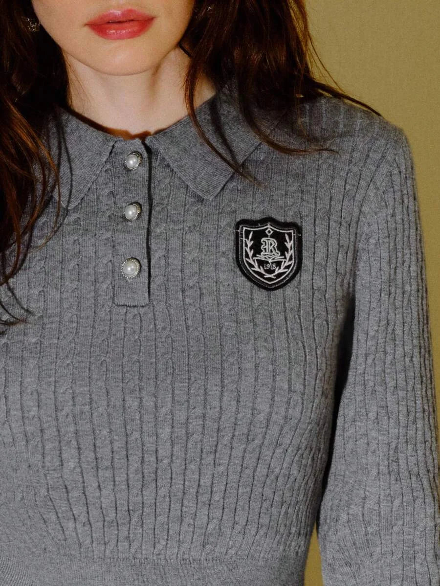 PREMIUM PATCHED HALF BUTTON SWEATER TOP amp SKIRT SWEATER COORD