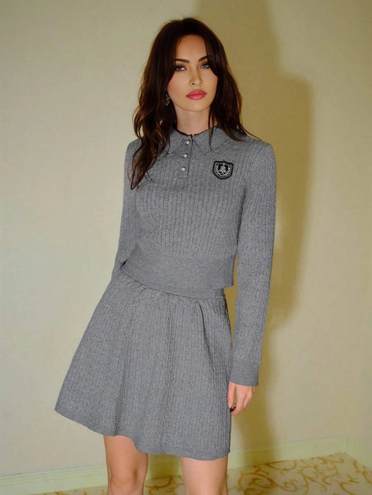 PREMIUM PATCHED HALF BUTTON SWEATER TOP amp SKIRT SWEATER COORD