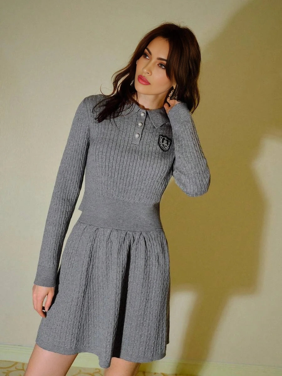 PREMIUM PATCHED HALF BUTTON SWEATER TOP amp SKIRT SWEATER COORD