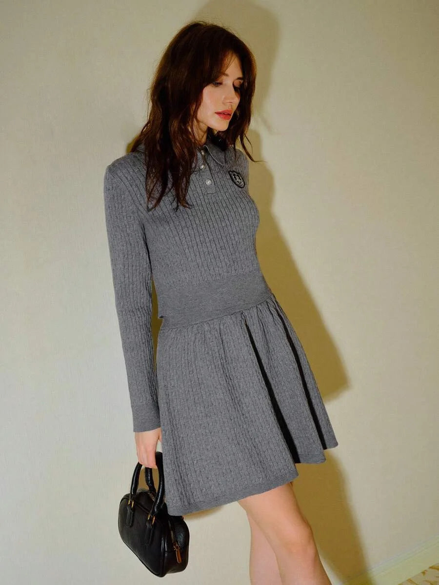 PREMIUM PATCHED HALF BUTTON SWEATER TOP amp SKIRT SWEATER COORD