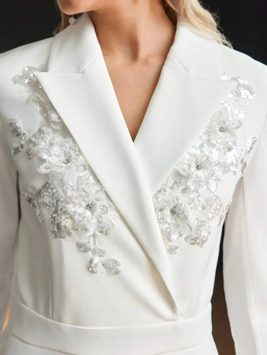 PREMIUM PEAK COLLAR CONTRAST SEQUIN DETAIL SEAM FRONT JUMPSUIT