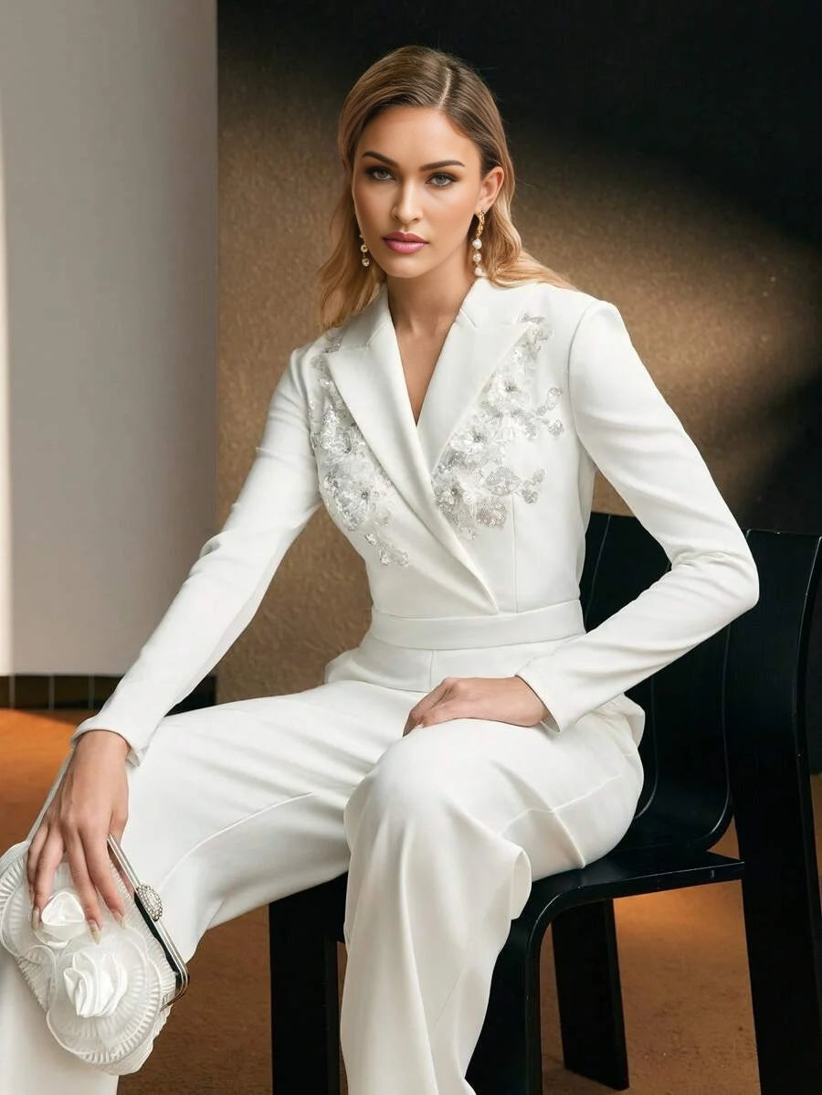 PREMIUM PEAK COLLAR CONTRAST SEQUIN DETAIL SEAM FRONT JUMPSUIT