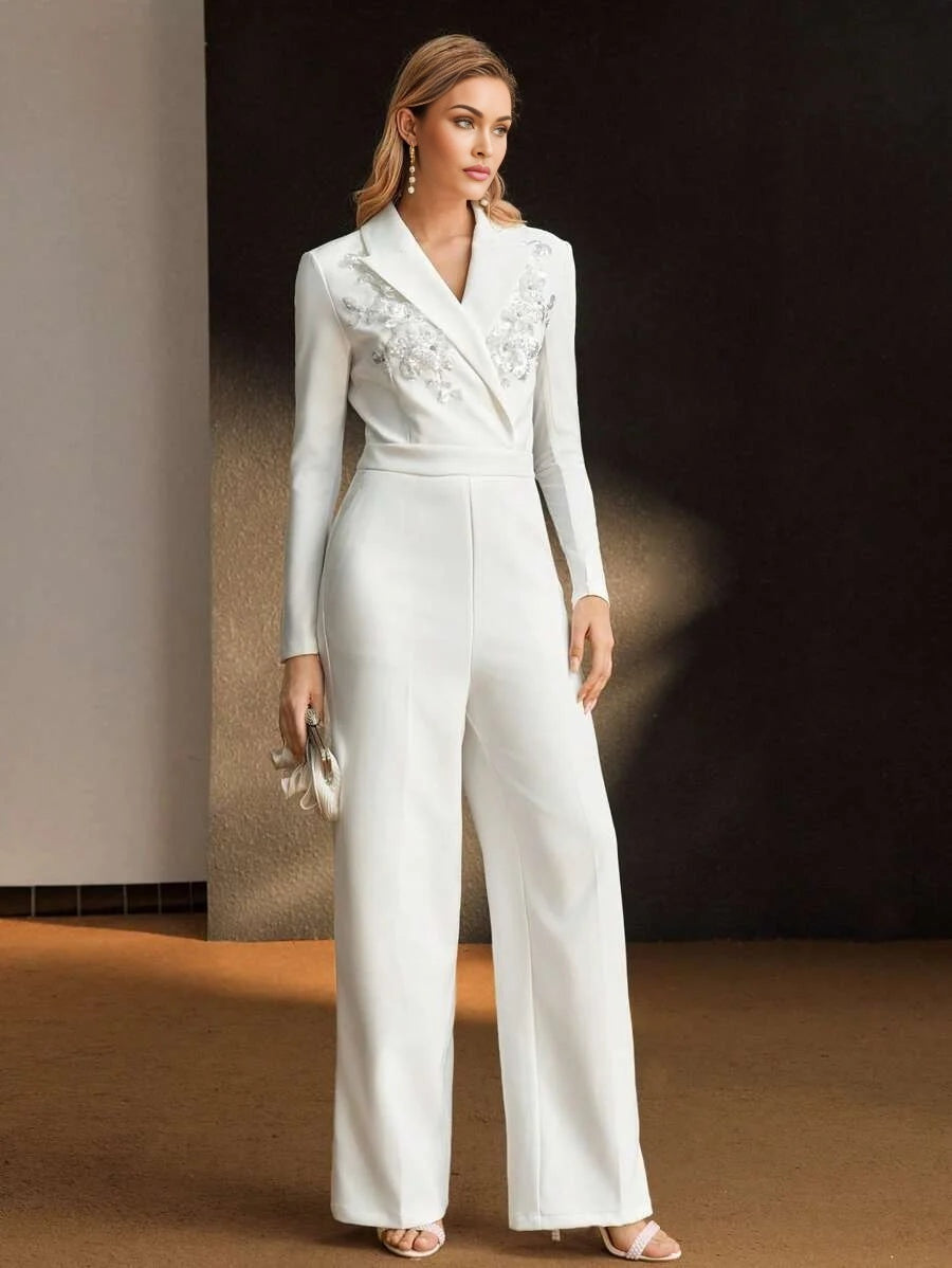 PREMIUM PEAK COLLAR CONTRAST SEQUIN DETAIL SEAM FRONT JUMPSUIT