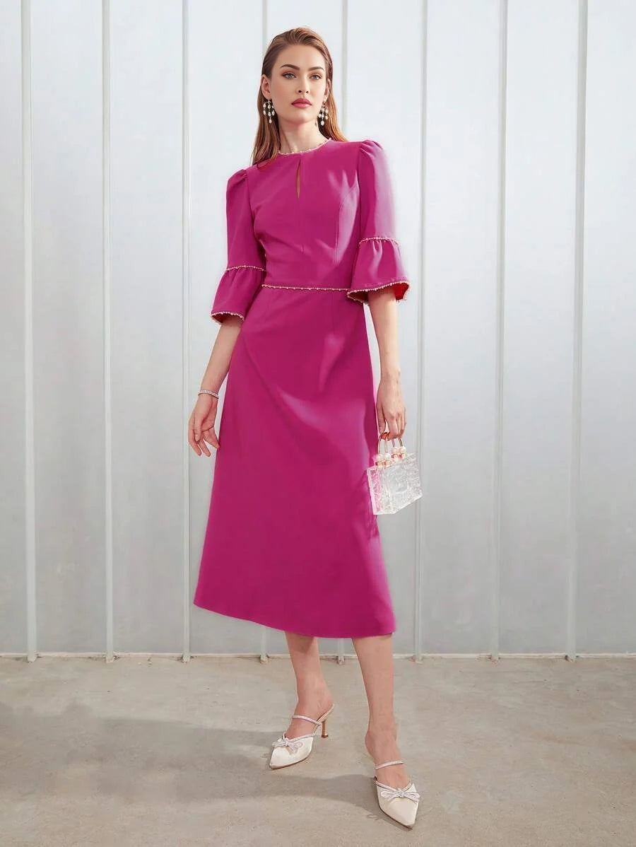 PREMIUM PEARL TRIM BELL SLEEVE DRESS