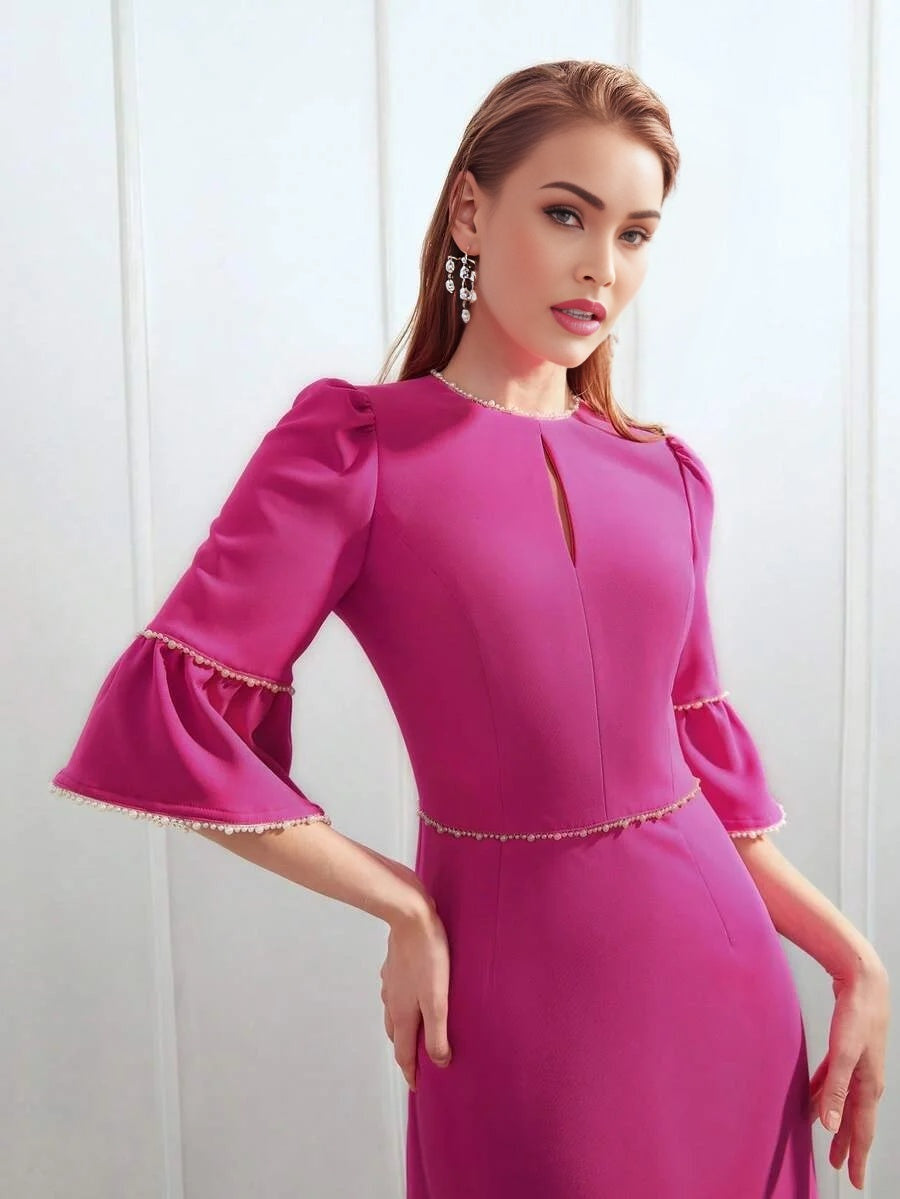 PREMIUM PEARL TRIM BELL SLEEVE DRESS