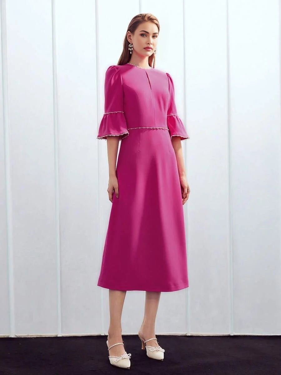 PREMIUM PEARL TRIM BELL SLEEVE DRESS
