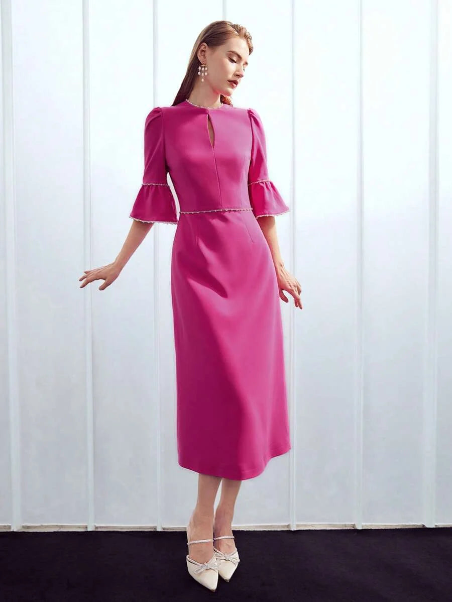 PREMIUM PEARL TRIM BELL SLEEVE DRESS