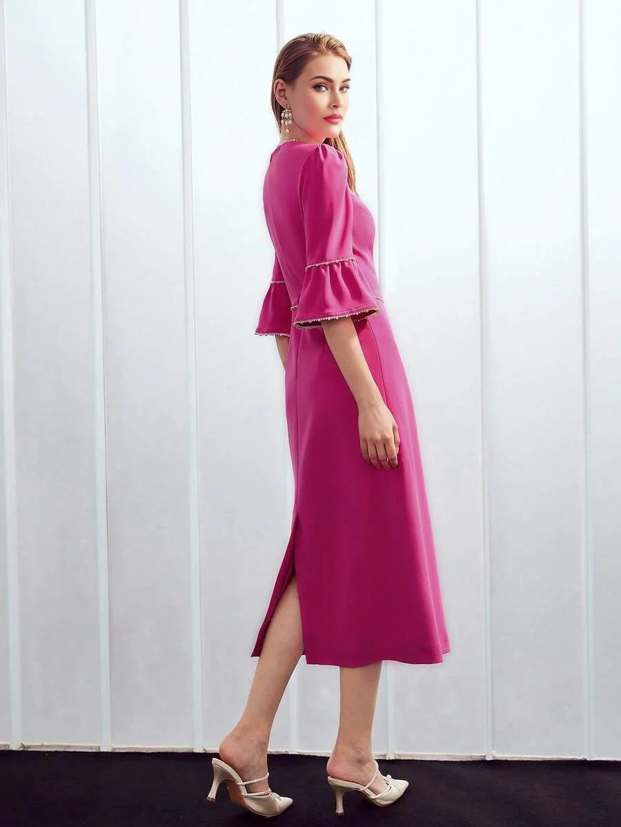 PREMIUM PEARL TRIM BELL SLEEVE DRESS