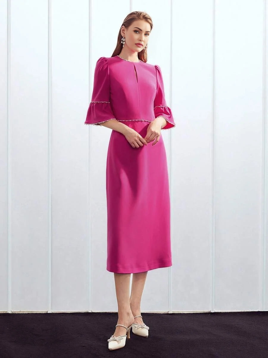 PREMIUM PEARL TRIM BELL SLEEVE DRESS