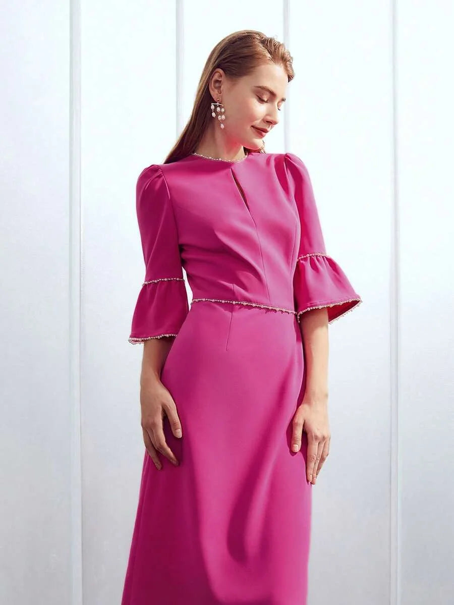 PREMIUM PEARL TRIM BELL SLEEVE DRESS