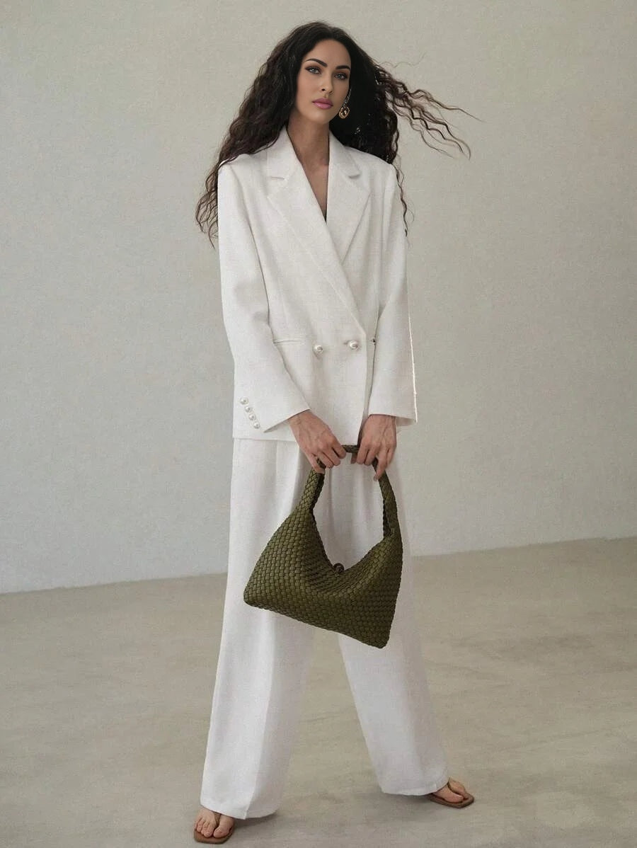 PREMIUM PLAID DOUBLE BREASTED STRUCTURED BLAZER PEARL BUTTON OVERSIZED BLAZER WORKSPRING SUMMER