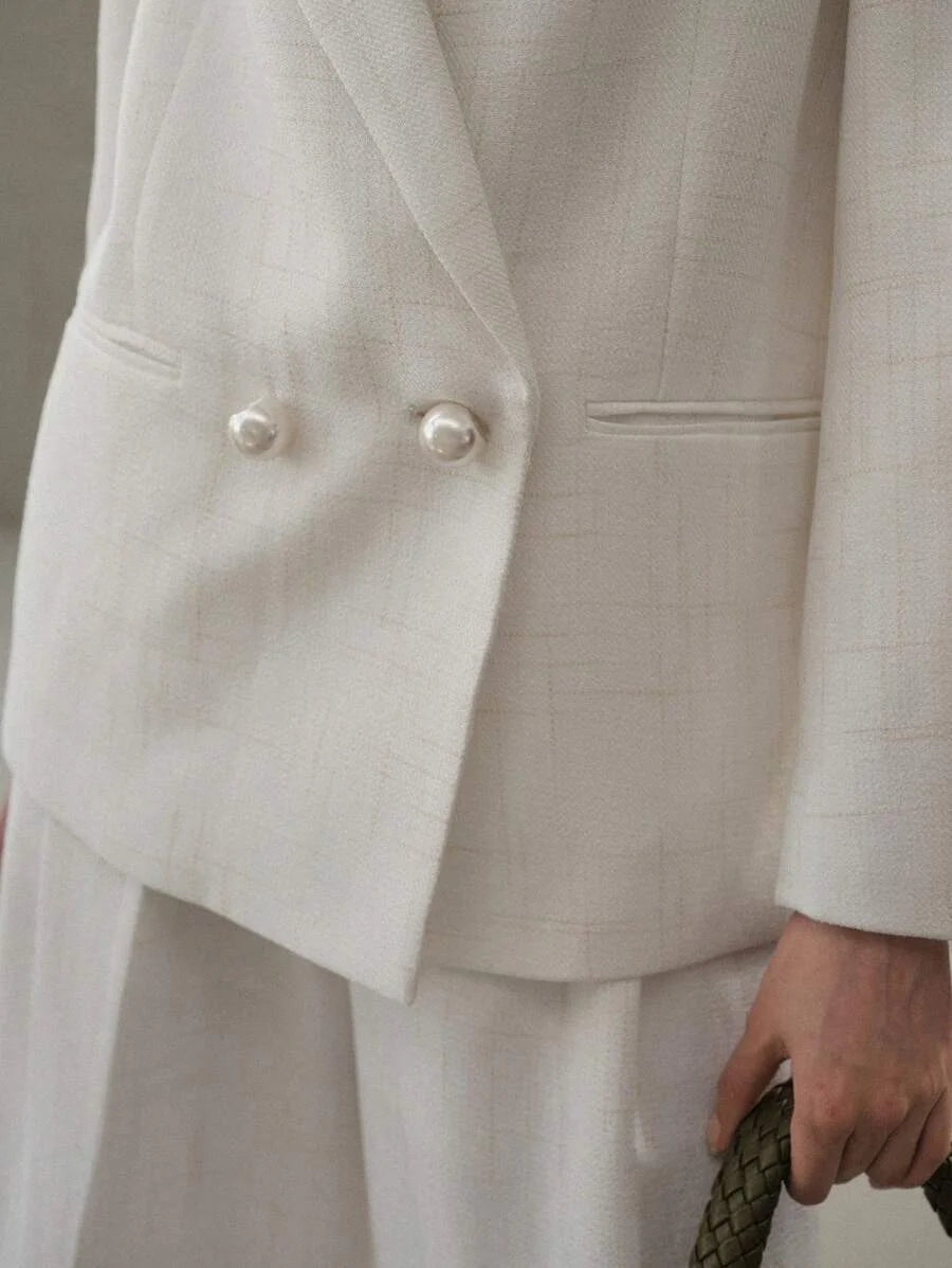 PREMIUM PLAID DOUBLE BREASTED STRUCTURED BLAZER PEARL BUTTON OVERSIZED BLAZER WORKSPRING SUMMER