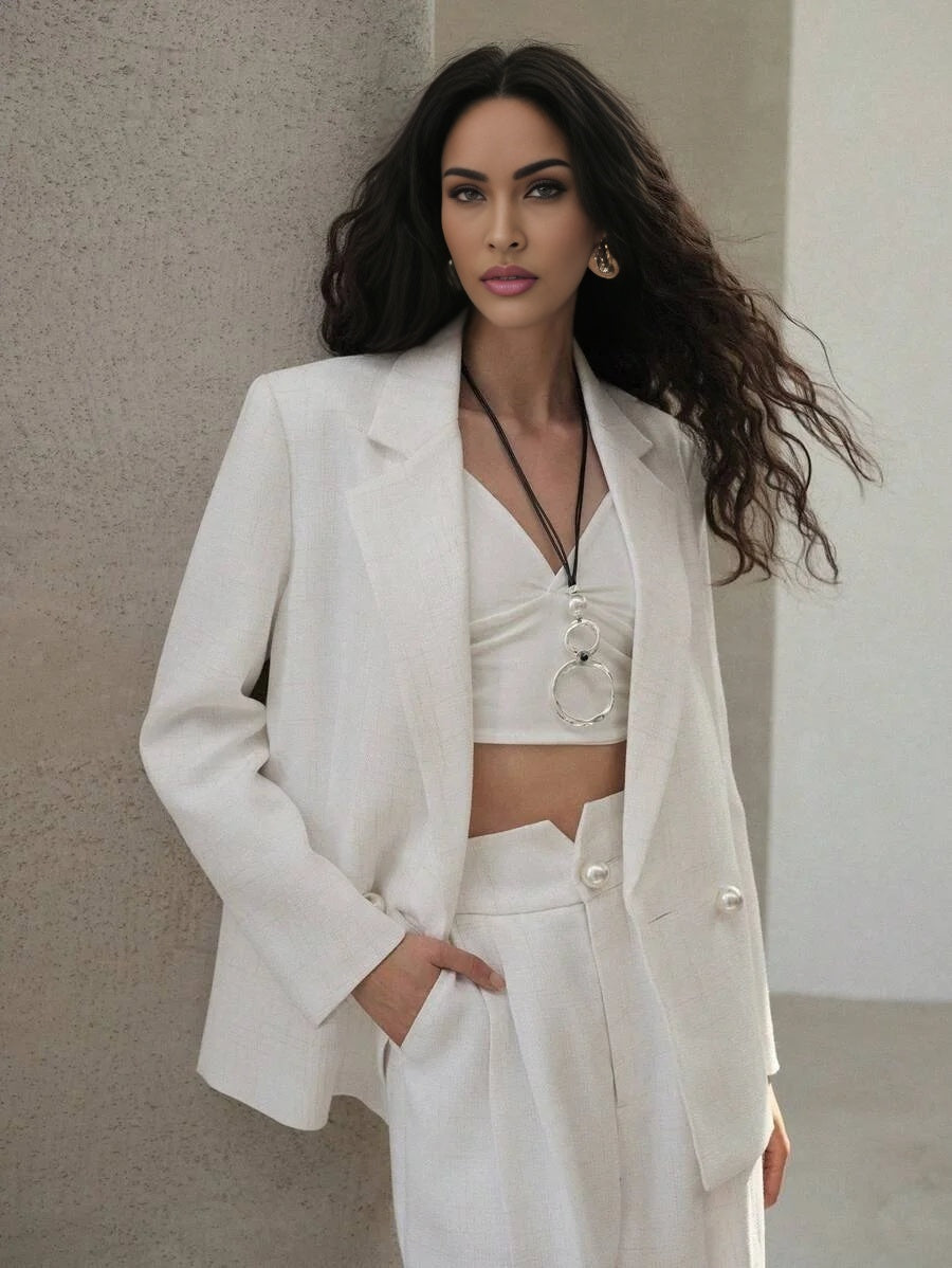 PREMIUM PLAID DOUBLE BREASTED STRUCTURED BLAZER PEARL BUTTON OVERSIZED BLAZER WORKSPRING SUMMER