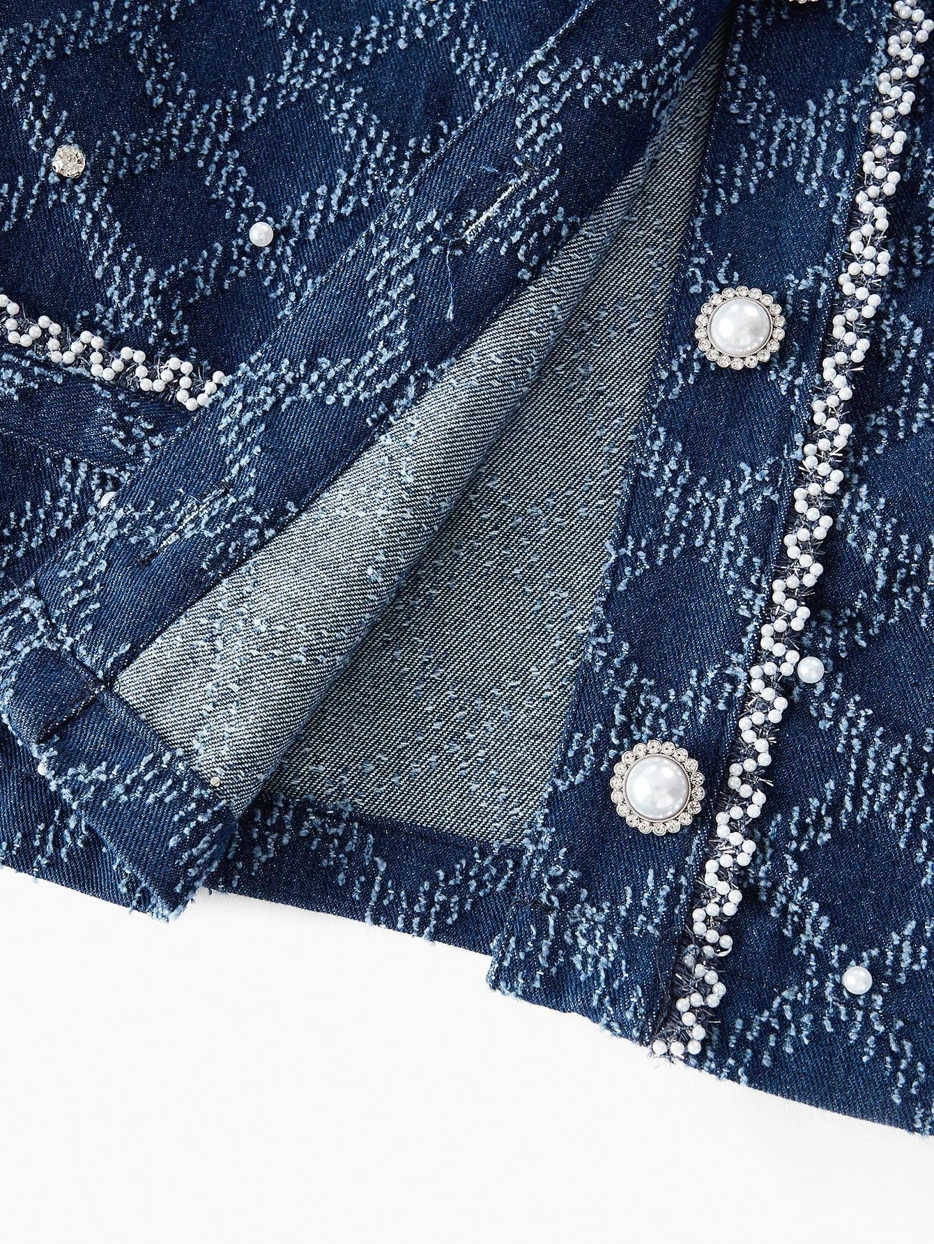 PREMIUM PLAID PATTERN RHINESTONE DETAIL FAUX PEARL BUTTON PLACKET DENIM JACKET amp SKIRT SET