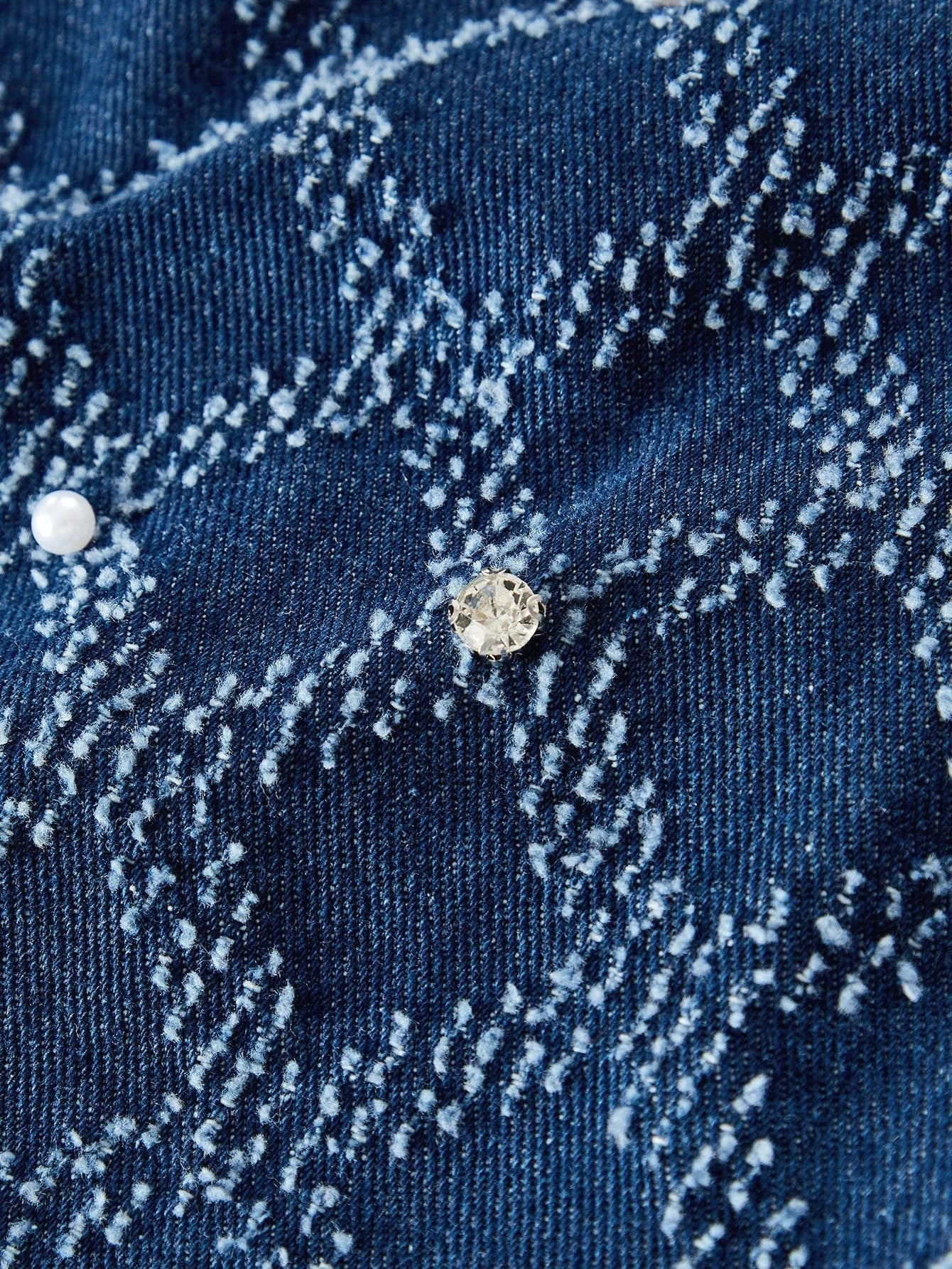 PREMIUM PLAID PATTERN RHINESTONE DETAIL FAUX PEARL BUTTON PLACKET DENIM JACKET amp SKIRT SET