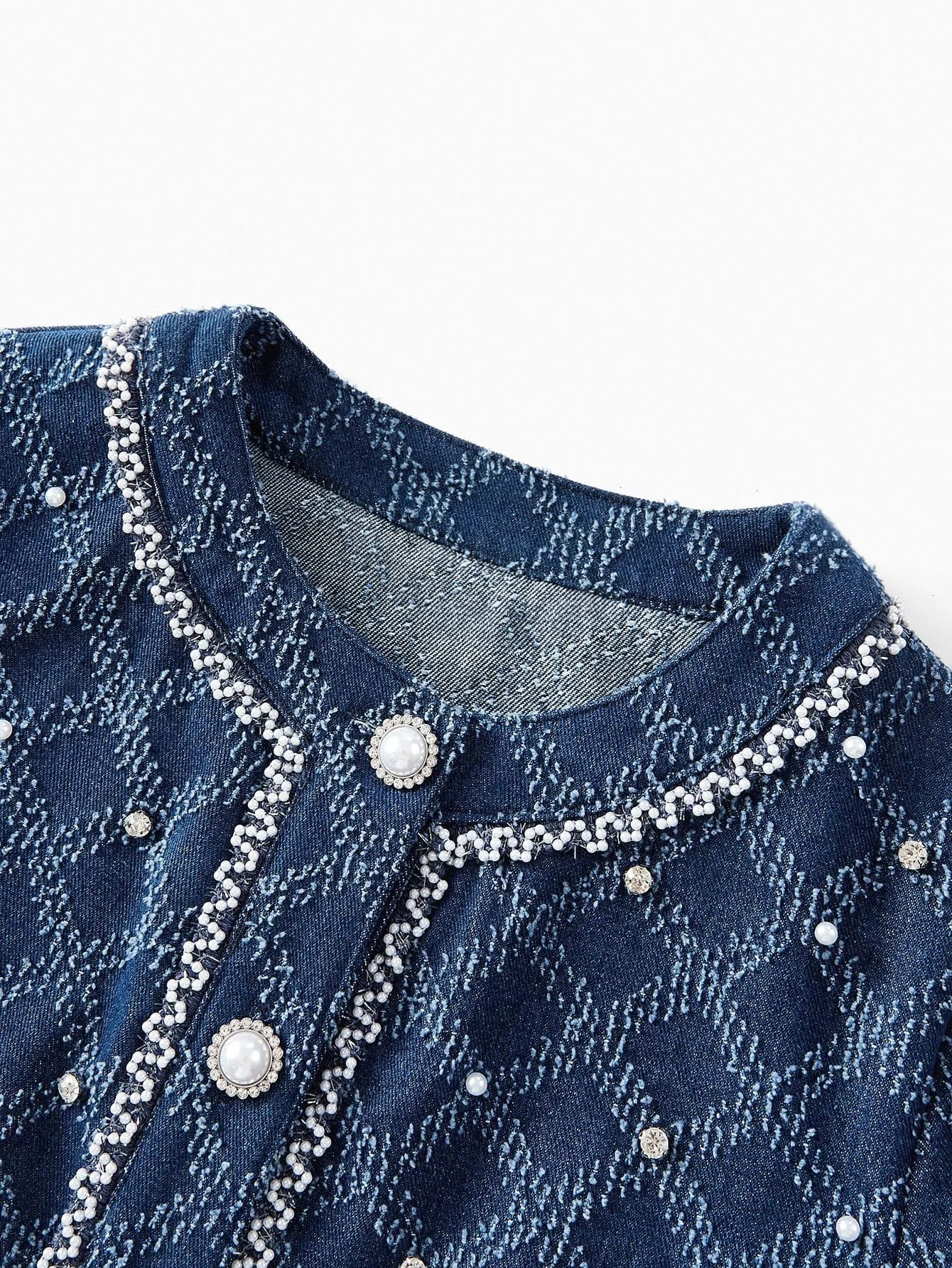 PREMIUM PLAID PATTERN RHINESTONE DETAIL FAUX PEARL BUTTON PLACKET DENIM JACKET amp SKIRT SET