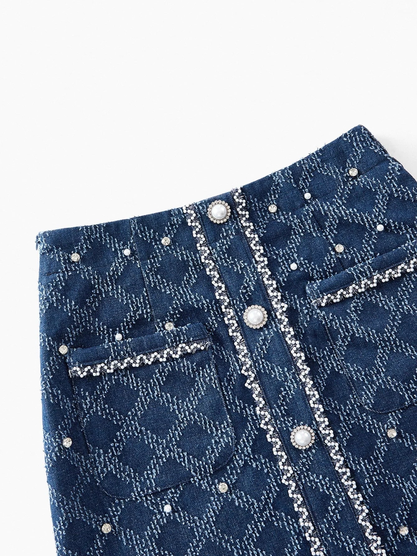 PREMIUM PLAID PATTERN RHINESTONE DETAIL FAUX PEARL BUTTON PLACKET DENIM JACKET amp SKIRT SET