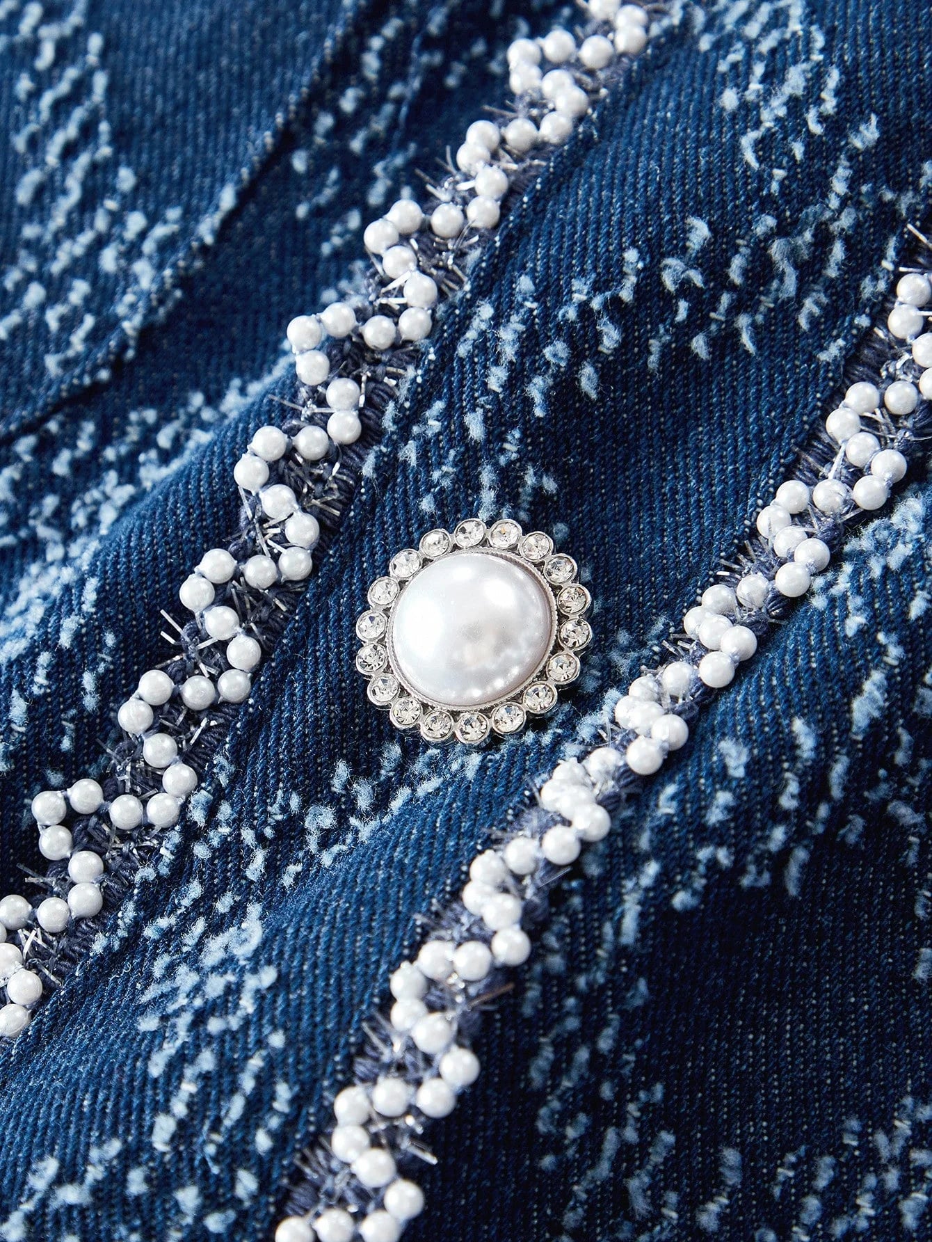 PREMIUM PLAID PATTERN RHINESTONE DETAIL FAUX PEARL BUTTON PLACKET DENIM JACKET amp SKIRT SET