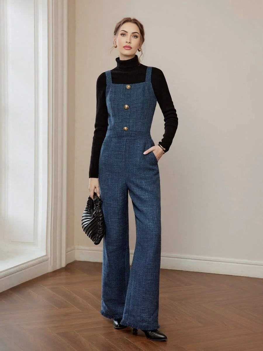 PREMIUM PLAID PRINT SLANT POCKET RAW HEM FLARE LEG OVERALL JUMPSUIT WITHOUT BLACK SWEATER AND BELT