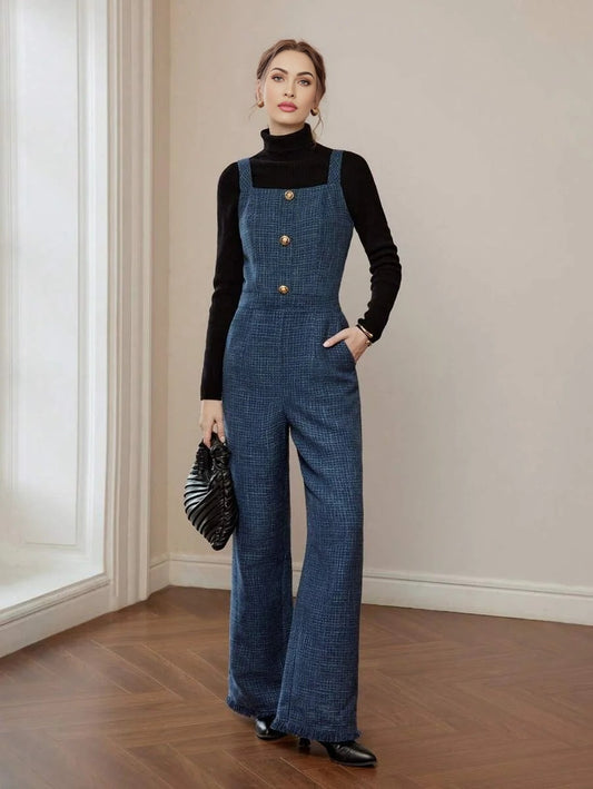 PREMIUM PLAID PRINT SLANT POCKET RAW HEM FLARE LEG OVERALL JUMPSUIT WITHOUT BLACK SWEATER AND BELT