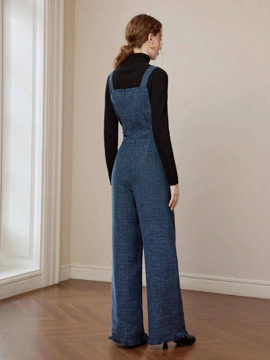 PREMIUM PLAID PRINT SLANT POCKET RAW HEM FLARE LEG OVERALL JUMPSUIT WITHOUT BLACK SWEATER AND BELT