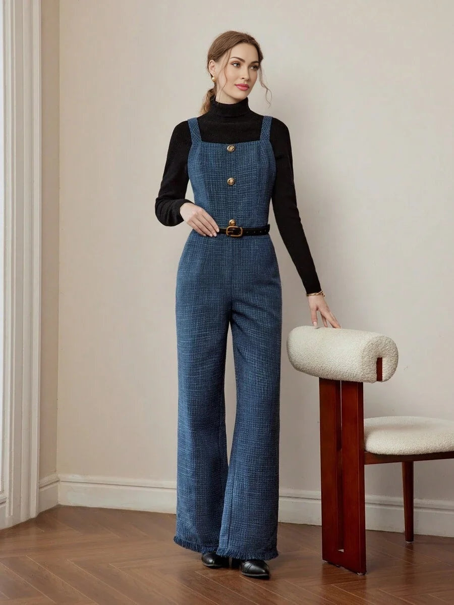 PREMIUM PLAID PRINT SLANT POCKET RAW HEM FLARE LEG OVERALL JUMPSUIT WITHOUT BLACK SWEATER AND BELT