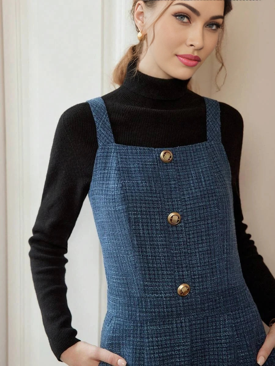 PREMIUM PLAID PRINT SLANT POCKET RAW HEM FLARE LEG OVERALL JUMPSUIT WITHOUT BLACK SWEATER AND BELT