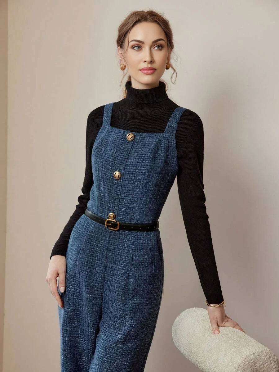 PREMIUM PLAID PRINT SLANT POCKET RAW HEM FLARE LEG OVERALL JUMPSUIT WITHOUT BLACK SWEATER AND BELT