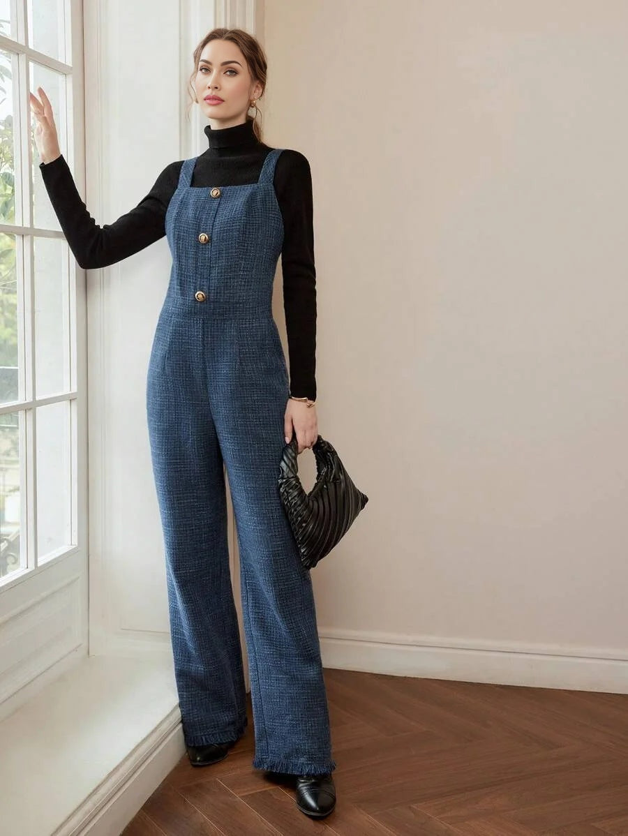 PREMIUM PLAID PRINT SLANT POCKET RAW HEM FLARE LEG OVERALL JUMPSUIT WITHOUT BLACK SWEATER AND BELT