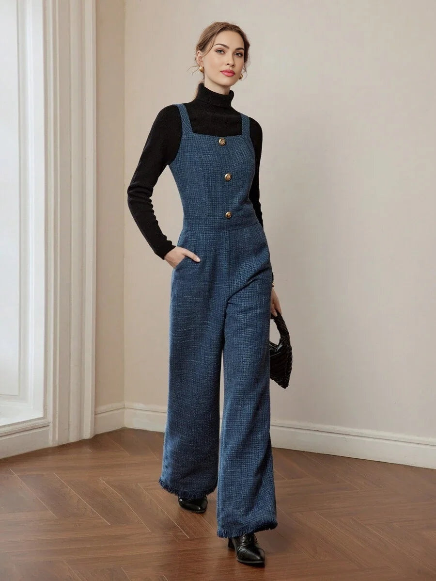 PREMIUM PLAID PRINT SLANT POCKET RAW HEM FLARE LEG OVERALL JUMPSUIT WITHOUT BLACK SWEATER AND BELT