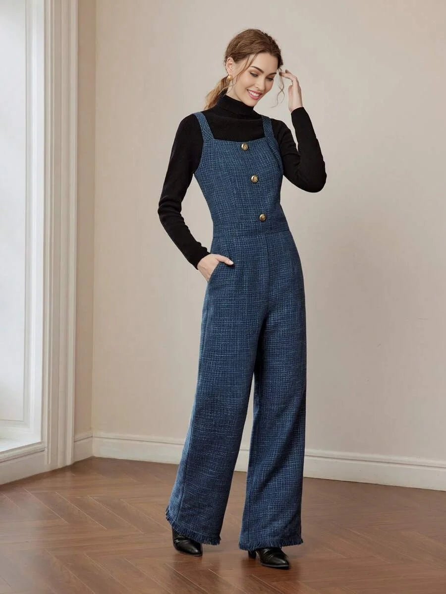 PREMIUM PLAID PRINT SLANT POCKET RAW HEM FLARE LEG OVERALL JUMPSUIT WITHOUT BLACK SWEATER AND BELT