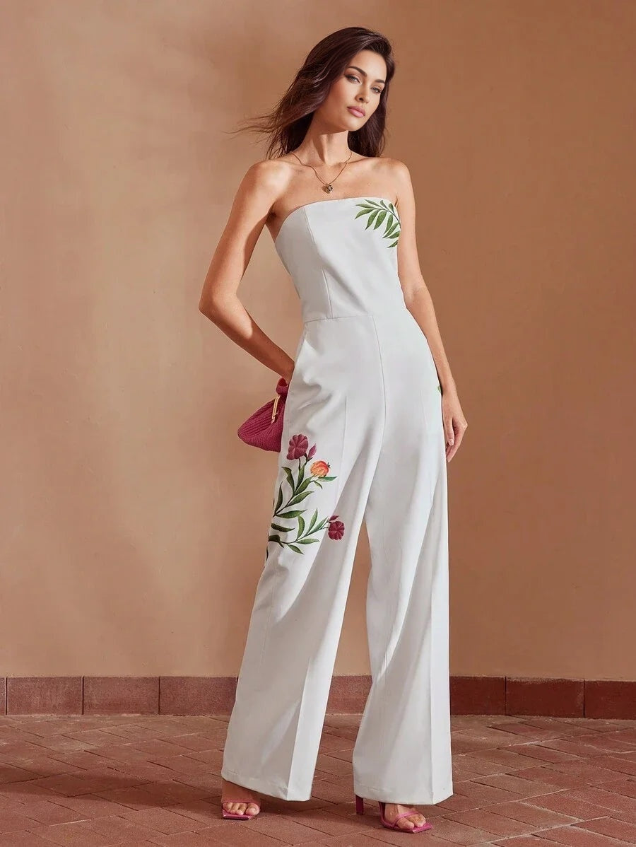 PREMIUM PLANTS PRINT WIDE LEG TUBE JUMPSUITSUMMER OUTFITS