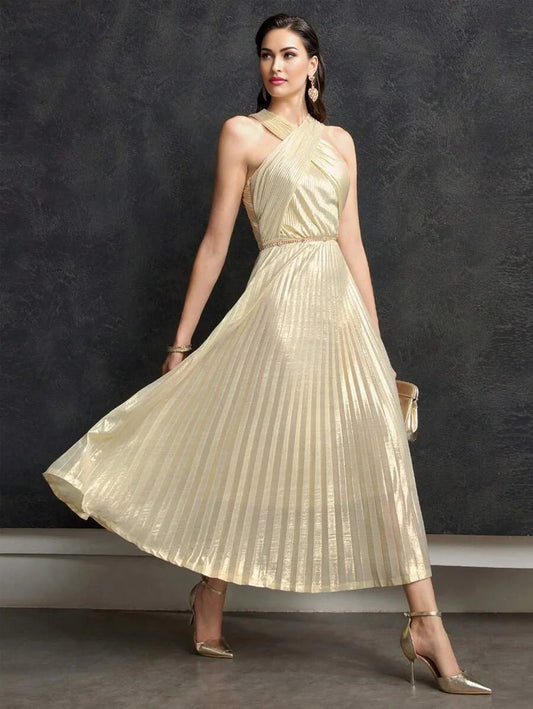PREMIUM PLISSE CRISSCROSS HALTER DRESS