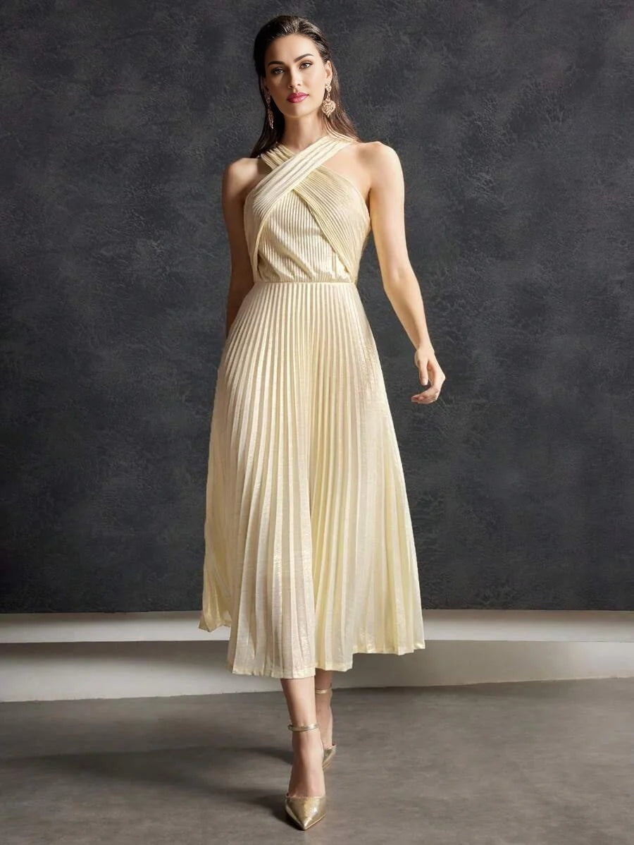 PREMIUM PLISSE CRISSCROSS HALTER DRESS