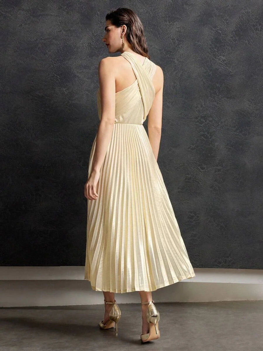 PREMIUM PLISSE CRISSCROSS HALTER DRESS