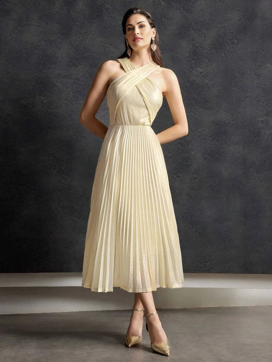 PREMIUM PLISSE CRISSCROSS HALTER DRESS