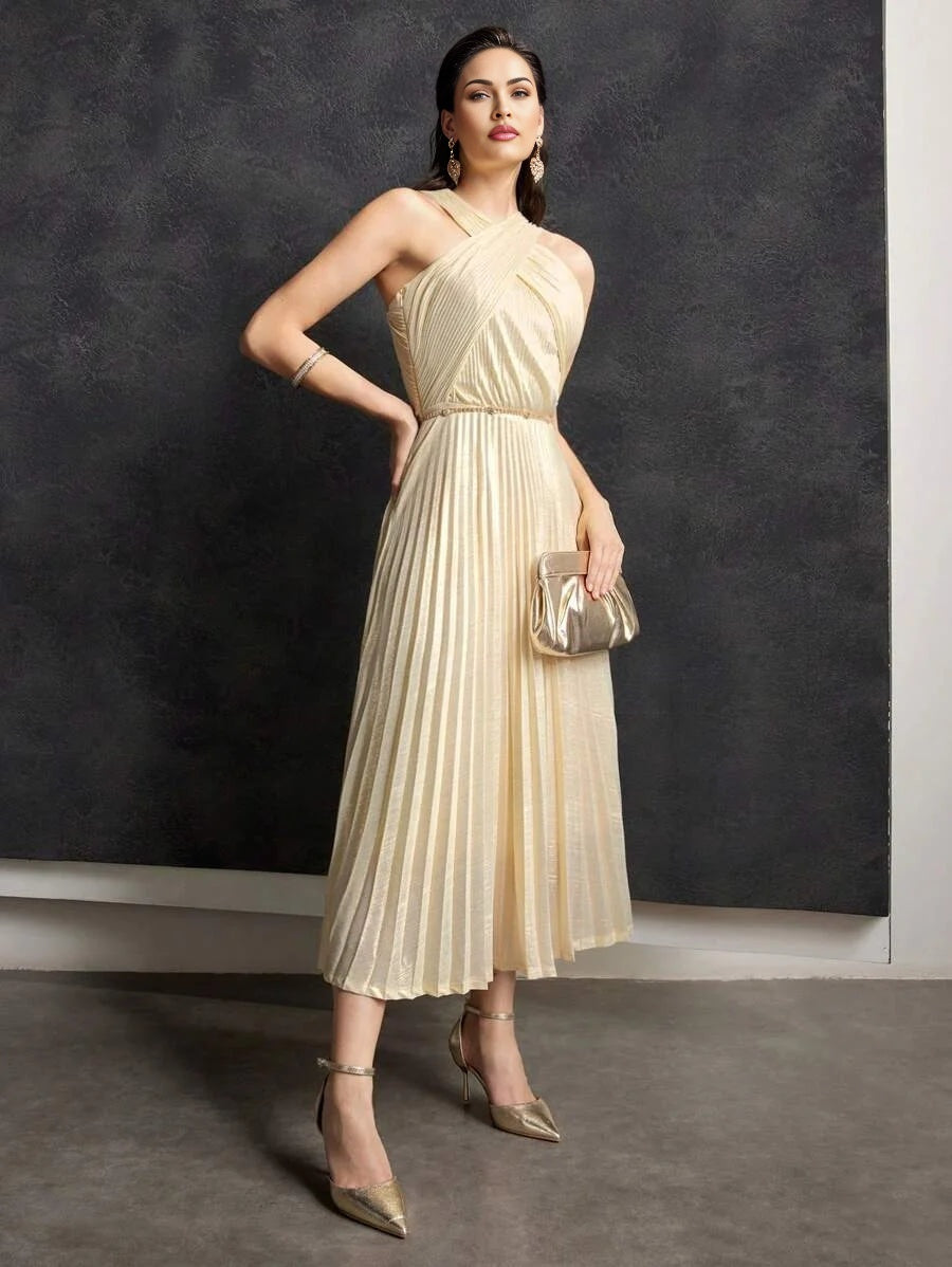 PREMIUM PLISSE CRISSCROSS HALTER DRESS
